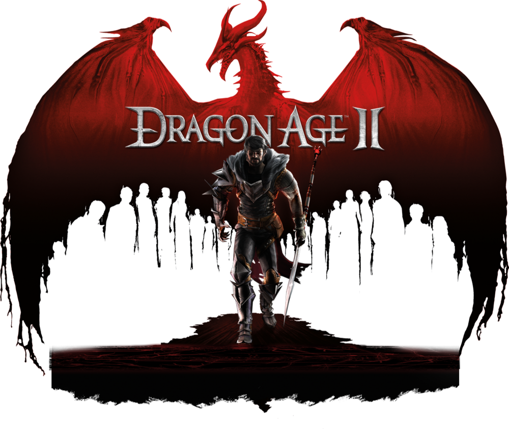 Armored, bloodied yet determined, Hawke walks in foreground before a dragon in logo for Dragon Age 2 