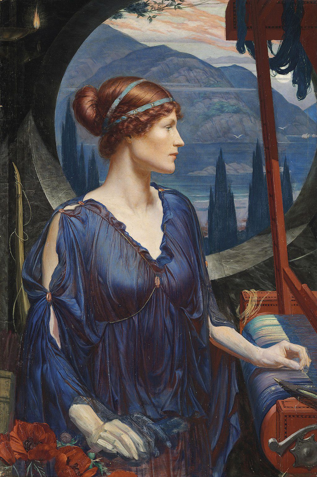 Penelope at Her Loom by Sidney Harold Meteyard. Penelope stares contemplatively into the distance.
