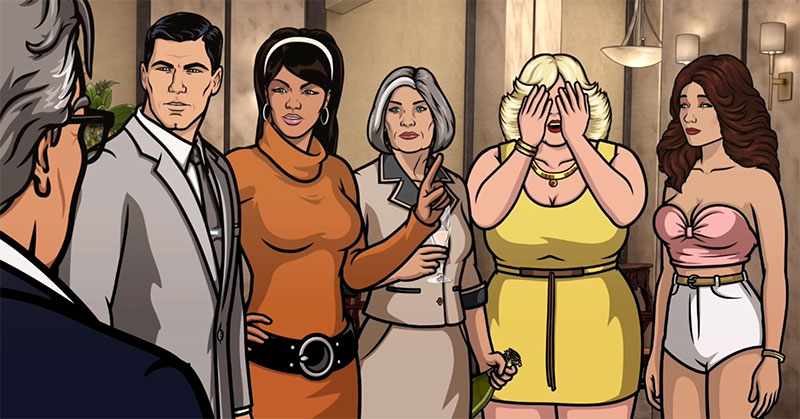 Screenshot of the "Hotel Rampage" scene on "Archer". Left to right is Archer, Lana, Malory, Pam, and Carol/Cheryl.