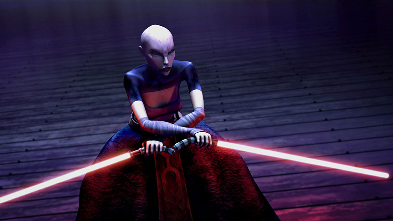 In a scene from The Clone Wars cartoon, Ventress dual-wields a pair of curved-hilt lightsabers.