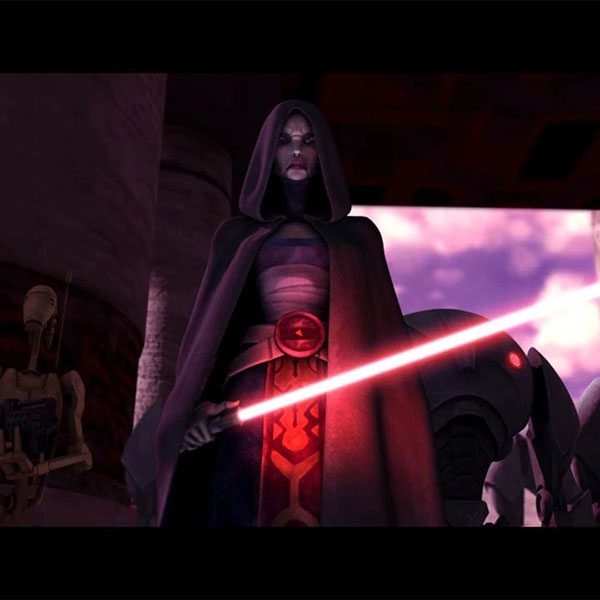 A cloaked Ventress faces down a foe, with her lightsabers ignited.