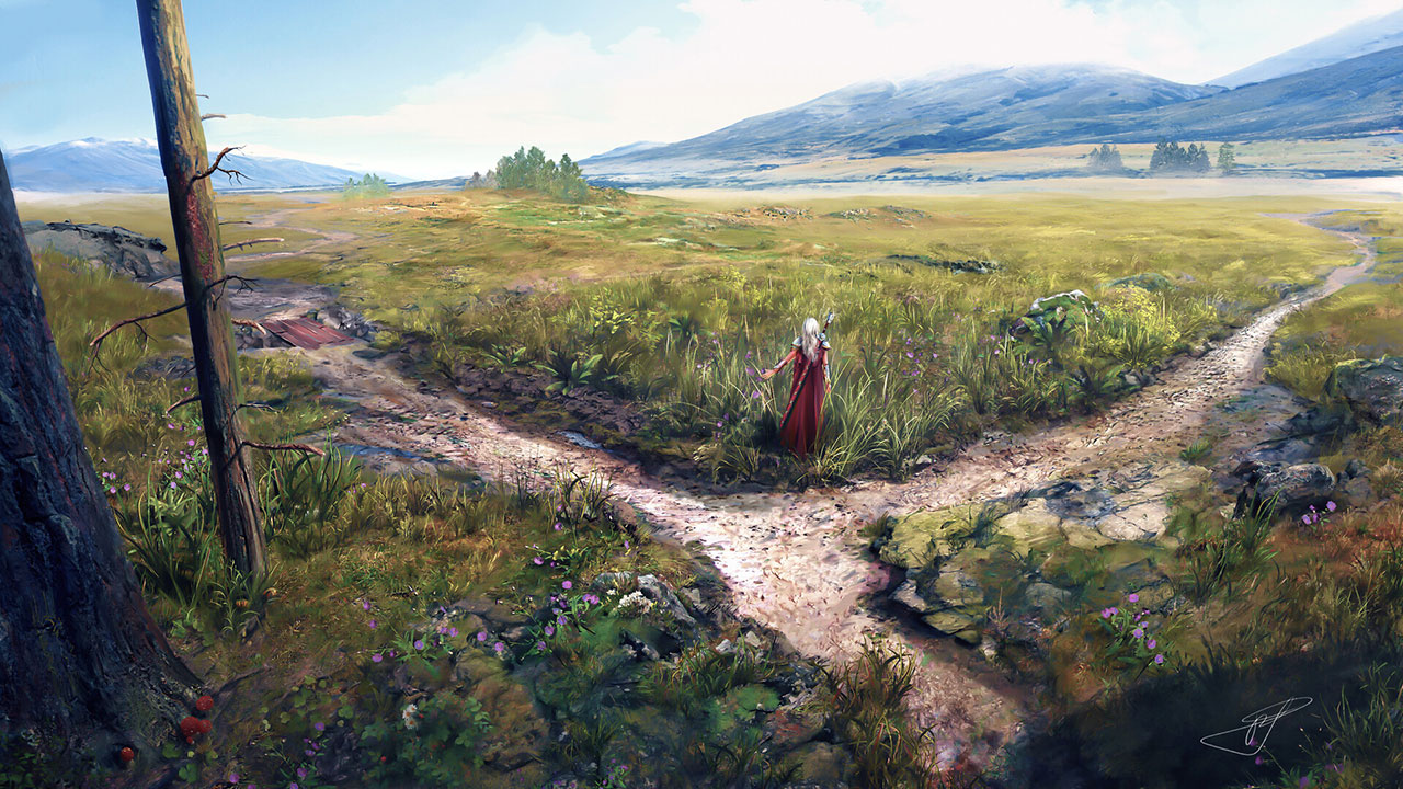 Crossroads, by Max Suleimanov. A woman in a red cape stands at a 3-way intersection in a fantasy countryside
