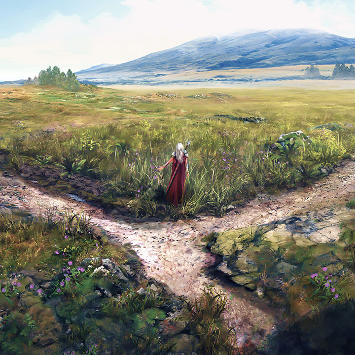 Fantasy scene of a woman at the crossroads.