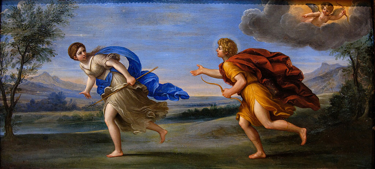 Daphne flees Apollo while Cupid points and laughs from the clouds. The bratty boy shot Daphne with an arrow to make her reject Apollo, while shooting Apollo with an arrow to make him desire Daphne. The laurel tree nearby hints of Daphne's impending fate.