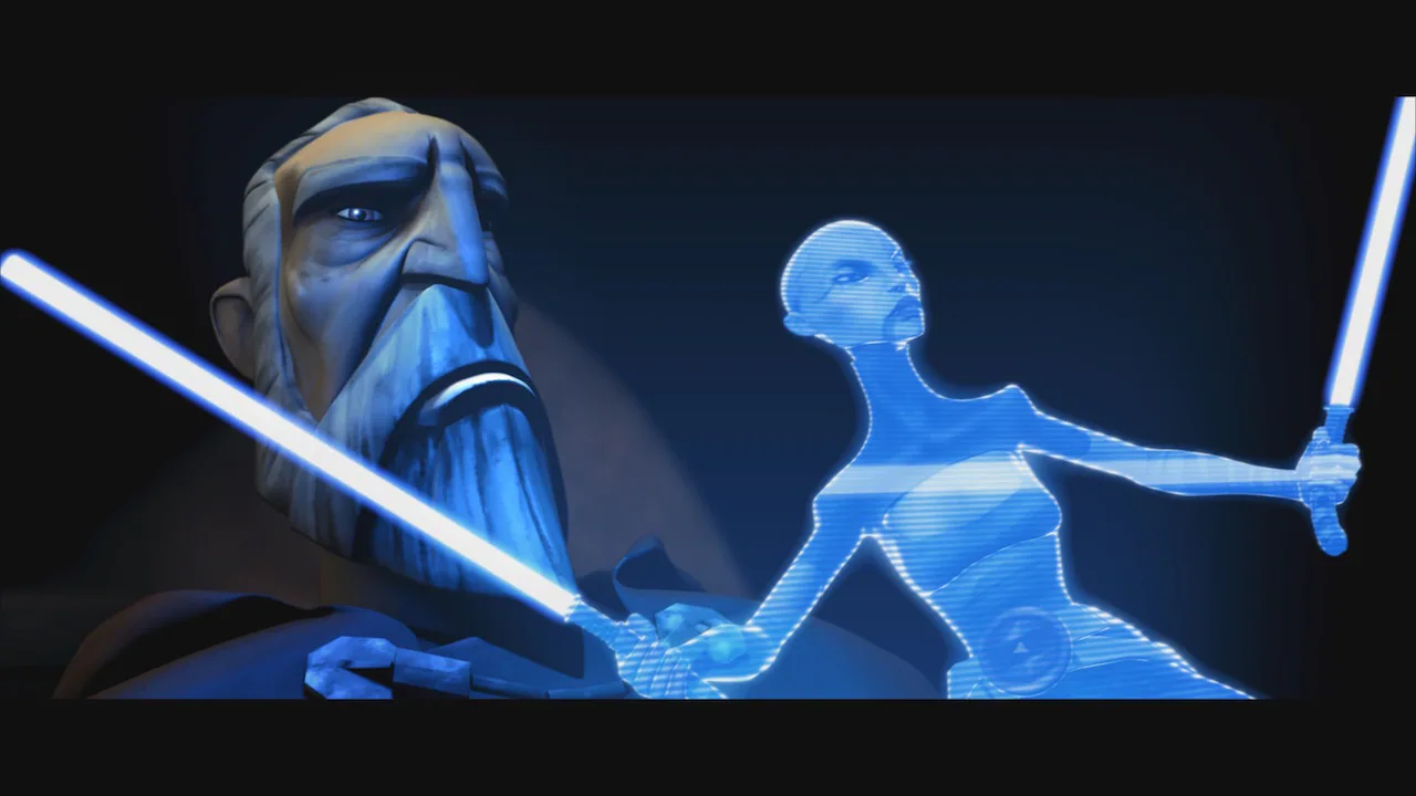 Publicity image of Count Dooku and Asajj Ventress in Star Wars: The Clone Wars animated series