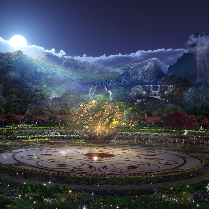 Lush fantasy garden with mystical lights.