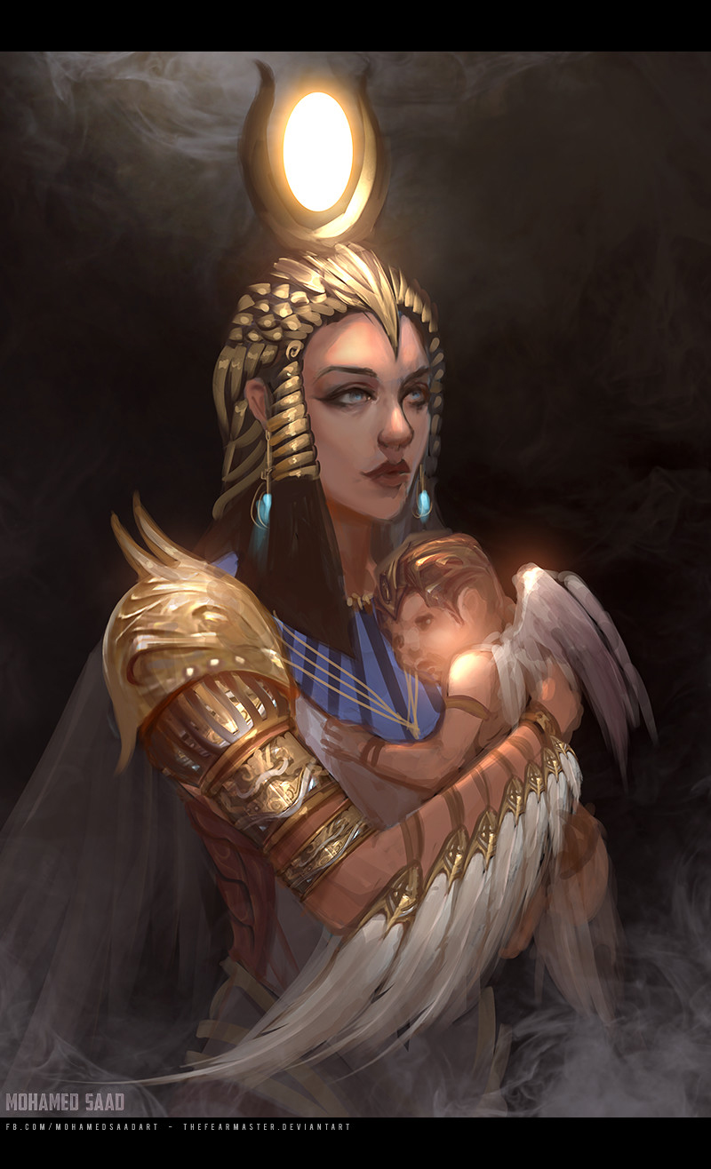 Illustration of Isis cradling baby Horus in her arms.