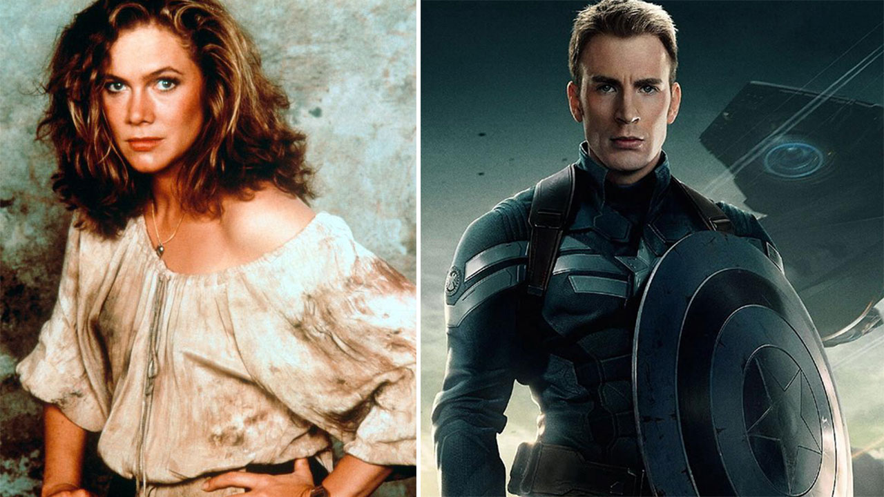 Kathleen Turner as Joan Wilder in Romancing the Stone, and Chris Evans as Captain America in The Winter Soldier.