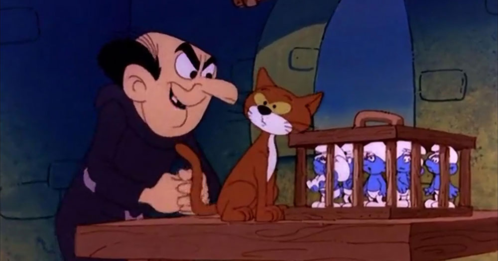 Gargamel and his cat Azrael gloat over the Smurfs they've captured in a cage.