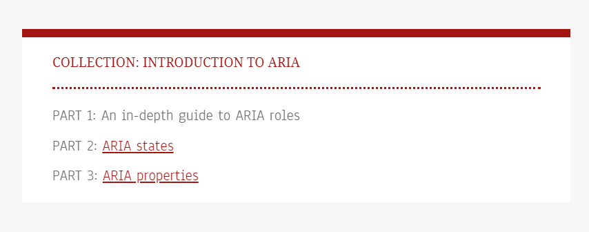 In this screenshot is a Table of Contents for a series about ARIA usage